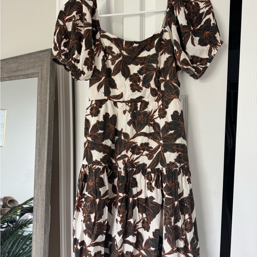 Floral Puff Sleeve Dress - Black and Brown